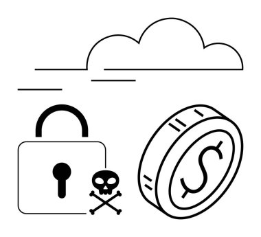 Kilit, dolar bozuk para, kafatası, bulut altında, finansal siber güvenliği sembolize ediyor, veri gizliliği, hackleme, bulut altyapısı riskleri. Teknoloji ve güvenlik risk yönetimi verilerini finanse etmek için ideal