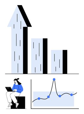 Çubuk grafik yukarı doğru giden kişi dizüstü bilgisayarla, çizgi çizelgesi veri noktalarıyla. Ticari büyüme, analiz, strateji, veri görselleştirme, ekonomik trendler ve yenilik için idealdir. Satır metaforu