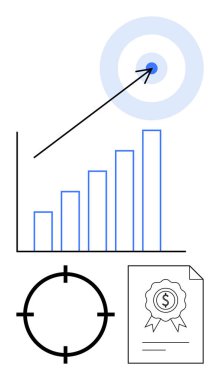 Büyümeyi gösteren çubuk grafiği, yukarı doğru ok hedefi, hedef sembolü ve finansal sertifikayı gösteriyor. Mali analiz, iş büyümesi, pazarlama stratejisi ve hedef başarı için ideal