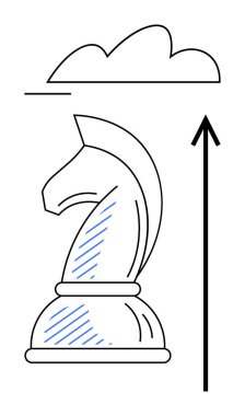 Satranç şövalyesi yukarı doğru ok ve bulut ile tamamlanmış stratejik gelişimi ve hırsı simgeliyor. Liderlik için ideal, yenilik, ilerleme, yükselme, stratejik düşünme, başarı yolculukları. Çizgi
