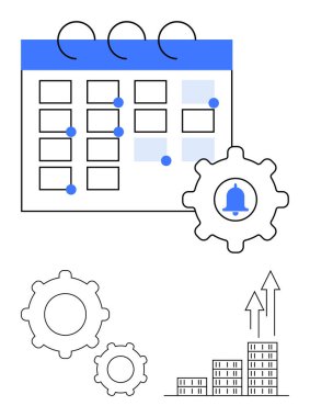 Görev noktaları için noktalı takvim ızgarası, alarm için çan takımı, verimlilik vitesleri ve oklu bar çizelgesi. Zamanlama, iş akışı, zaman yönetimi, uyarılar, verimlilik planlama soyut çizgisi için ideal