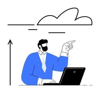 Dizüstü bilgisayardaki iş adamı yukarı doğru ok ile bulutu işaret ediyor. Yenilik, strateji, teknoloji, başarı, iş büyümesi, umutlar, gelecek planlama için idealdir. Satır metaforu