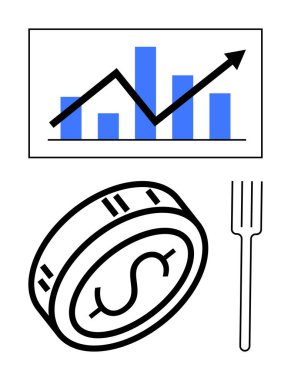 Yukarı doğru ok ve mavi çubuk grafikli çizgi grafiği, dolar sembollü bozuk para ve çatal. Finansal başarı, yatırım, ekonomik büyüme, mali planlama, iş dünyası, pazar analizi tasarrufları için ideal