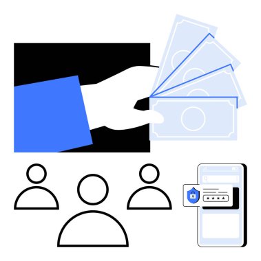 El ele tutuşan nakit, şifreli ve kilit sembollü cep telefonu bağlantılı bir tema için üç kullanıcı simgesi. Mali işlemler, güvenlik, fintech, ödeme sistemleri, mahremiyet ve dijital için ideal