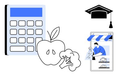 Ekranda hesap makinesi, elma, brokoli ve telefon görünüyor. Eğitimin mezuniyet şapkası sembolü. Eğitim, finans, bütçe ve e-ticaret için ideal sağlıklı yaşam eğitimi