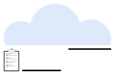 Kontrol listesi içeren büyük bulut şekli, veri depolama, görev yönetimi ve verimliliği vurguluyor. Takım çalışması için ideal, dijital araçlar, bulut hesaplama, organizasyon