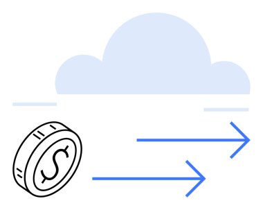 Dolar işaretli sikke ve iki mavi ok doğruca yumuşak mavi bir bulutu işaret ediyor. Finans, teknoloji, bulut çözümleri, e-ticaret, veri transferi, yatırımlar, soyut düz metafor için ideal