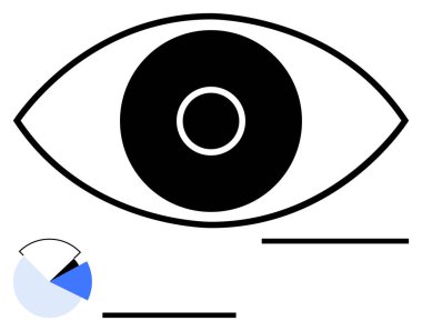 Merkez dairesi olan siyah beyaz göz ve yanında da dairesel bir grafik. Veri görselleştirme, vizyon bilimi, yenilik, teknoloji, odak, araştırma analizi, soyut çizgi için ideal