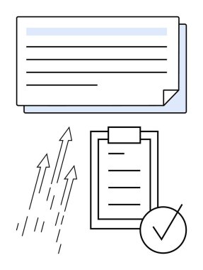 Belgeler istiflendi, panodaki işaretli kontrol listesi, büyümeyi veya ilerlemeyi simgeleyen yukarı doğru oklar. Üretkenlik, planlama, yönetim, organizasyon, verimlilik, hedefler için idealdir