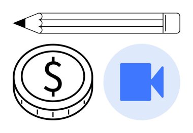 Finans için madeni para, yaratıcılık için kalem ve dijital iletişim için mavi kamera ikonu. İş, eğitim, teknoloji, tasarım, içerik oluşturma, strateji ve soyut çizgi için ideal
