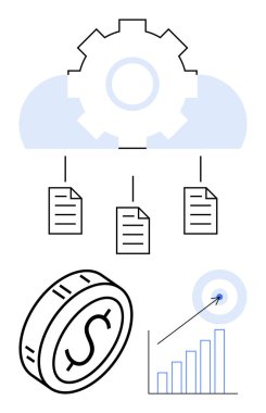 Belgeler, para, grafik ve hedefe bağlı vites ve bulut. Veri yönetimi için ideal, bulut hesaplama, mali analiz, iş çözümleri, hedef belirleme stratejisi soyut çizgi düz