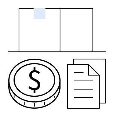 Para, katlanmış belgeler ve kaynak tahsisini temsil eden büyük dosyalar vurgulanıyor. Finans, bankacılık, bütçe, muhasebe, yatırım, tasarruf soyut çizgisi düz metafor için ideal