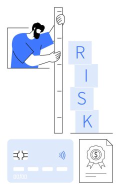 Yığılmış blokların yanında dikey ölçek kullanarak riskleri ölçen kişi RISK etiketli. Kredi kartı, finansal sertifika belgeleri de dahil. Finans, değerlendirme, yönetim ve karar verme için ideal