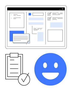 Dijital arayüz görüntüleme formları, işaretli kutular, işaretli pano ve mutlu simge. Üretkenlik, kullanıcı deneyimi, görev yönetimi, geribildirim, verimlilik iş akışı soyut çizgisi için idealdir
