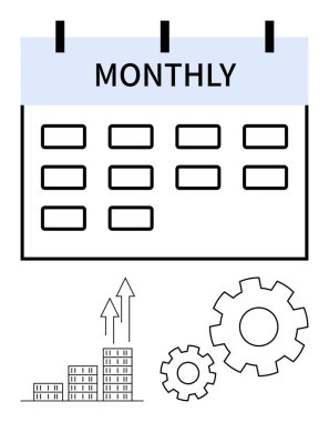 Metni olan aylık takvim ızgarası, süreç optimizasyonunu sembolize eden dişliler ve yukarı doğru oklu çubuk grafiği. Zaman yönetimi, üretkenlik, planlama, iş akışı stratejisi, hedef izleme için ideal