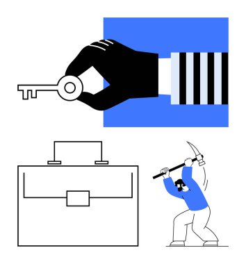 El ele tutuşmak fırsatları sembolize eder, iş için çanta, ve fiziksel çaba gösteren bir balta. İş kavramları, büyüme, kariyer gelişimi, esneklik, iş gücü, geçişler için ideal
