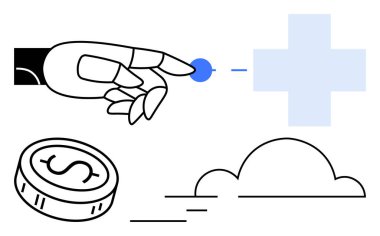 Mavi tıbbi haça dokunan robot el dolar işareti olan bir bozuk para ve bir bulut. Teknoloji, sağlık, finans, yenilik, otomasyon, gelecek için ideal dijital dönüşüm kavramları. Çizgi