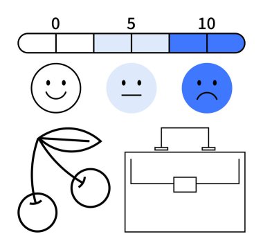 Mutluluktan üzüntüye duygusal ölçek, ödülleri temsil eden kirazlar, iş bağlamında çanta. Ruh hali takibi, verimlilik, iş tatmini, ödüller, karar verme, veri görselleştirme için ideal