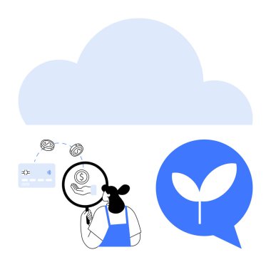 Mali durumları büyüteç, bulut arkaplan, bozuk paralı kredi kartı ve tohum ikonu aracılığıyla inceler. Ticari büyüme, mali analiz, teknoloji ve çevresel etki için ideal