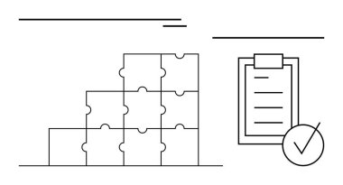 İşaretli kontrol listesinin yanına istiflenmiş bulmaca blokları, stratejiyi, hedefleri ve tamamlamayı sembolize ediyor. Takım çalışması için ideal, üretkenlik, planlama, organizasyon, süreç başarısı soyut çizgi