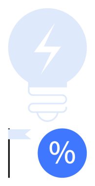 Yıldırımlı ampul, yeniliği simgeliyor. Bayrak hedefleri temsil ediyor. Finansal ölçüler için yüzde işareti. Yaratıcılık, strateji, iş büyümesi, verimlilik ve finansal için ideal