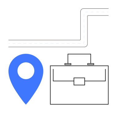 Mavi lokasyon iğnesi, yapılandırılmış çanta ve eğri yol çizgisi navigasyonu, iş planlamasını ve kariyer yolculuğunu simgeliyor. Strateji, iş akışı, seyahat, lojistik iş arama profesyoneli için ideal
