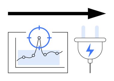 Hedefle dalgalanan verileri birleştirmek, enerji sürgüsünü takmak ve ileri hareketi sembolize etmek için ok kullanmak. Enerji analizi, teknoloji, verimlilik, strateji, büyüme, yenilik ve ilerleme için ideal