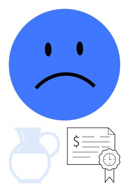 Mavi üzgün surat ifadesi, su testisi ve kurdeleli mali belge. Mali kayıp, hayal kırıklığı, ekonomik temalar, üzüntü, su kaynakları, ödüller, duygular için idealdir.