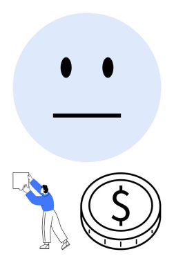 Tarafsız yüz, duygusuz bir durumu iletir, figür düzeni ayarlar, parayı temsil eden madeni paraya odaklanır. Denge, duygu, iş ahlakı, ekonomi, finans, çaba için ideal düz çizgi metaforu