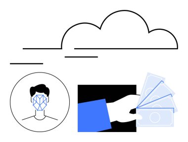 Bulut, yüz tanıma ikonu, el ele tutuşan para. Güvenlik, fintech, yapay zeka, biyometrik veri gizlilik ödeme sistemleri dijital dönüşüm için idealdir. Soyut çizgi düz metafor