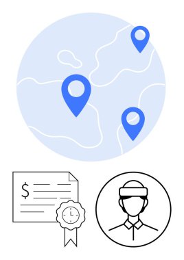 Konum işaretleyicili dünya haritası, kullanıcı tanımlama avatarı ve sertifika belgesi. Küresel varlık, lojistik, güvenlik, kimlik doğrulama, profesyonel akreditasyon, konum