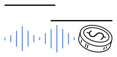 Dolar işaretli sikke, mavi ses dalgası ve finansal büyüme, teknoloji ve iş ilerlemesini temsil eden yatay çizgiler. Fintech, yatırım, ticaret, başlangıç sunumları için ideal