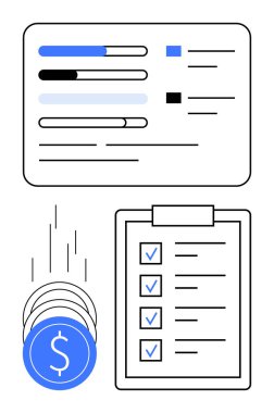 Mali ilerleme çubukları, işaretli kontrol listesi ve dolar işaretli paralar. Mali planlama, iş stratejisi, veri analizi, hedef izleme, bütçe izleme ve yatırım izleme için ideal