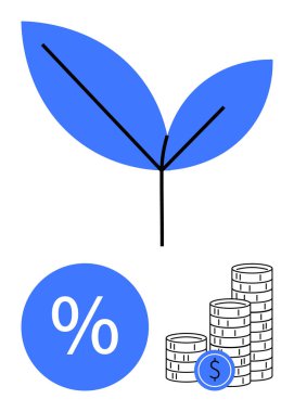 Yüzde işaretinin üzerinde mavi yapraklı bitki ve dolar işaretli bozuk paralar. Yatırım büyümesi, mali başarı, ekonomik iyileşme, sürdürülebilirlik, tasarruf ve zenginlik yönetimi için ideal
