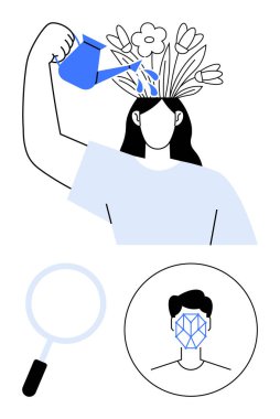 Kadın kafasından büyüyen çiçekleri, aşağıdaki büyüteçleri, geometrik desenli yüzleri suluyor. Kişisel gelişim için ideal, yaratıcılık, farkındalık, kişisel kimlik, zihinsel sağlık, soyut yenilik