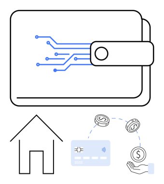 Devre çizgileri resimli dijital cüzdan, ev taslağı, kredi kartı, bozuk para sembolleri. Fintech, bankacılık, dijital ödemeler, gayrimenkul, mali işlemler teknolojisi için ideal