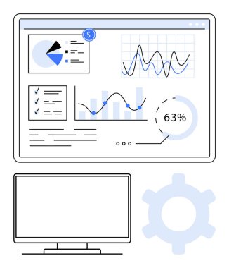 Veri analizi ve çeşitli grafikler, pasta tablosu, ayarlar ve monitörden oluşan finansal gösterge paneli. İş analistleri, finansal genel bakış, performans takibi ve proje için ideal