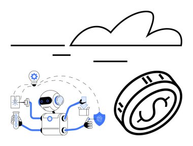 Çoklu kollara sahip robot bilimsel, teknik ve yaratıcı faaliyetler, dolar parası ve bulut tasarımı yapıyor. Teknoloji, finans, otomasyon, bulut hesaplama yeniliği için idealdir.