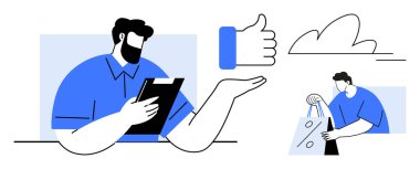 Tablet tutan adam, baş parmak işareti, alışveriş çantası taşıyan adam, bulut. Müşteri hizmetleri, geri bildirim, alışveriş, perakende satış için ideal müşteri memnuniyetini gözden geçirir. Satır metaforu