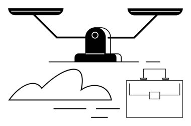 Dengeli ölçekler, iş hayatı, kariyer ve çevre fikirleri için bir bulut ve çantayla eşleştirilmiş eşitlik ve dengeyi temsil eder. Denge, adalet, kariyer ve sürdürülebilirlik kavramları için ideal