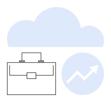 Mavi bulut, özetlenmiş evrak çantası ve yukarı doğru ok iş büyümesini, bulut teknolojisini ve veri analizini temsil ediyor. Yenilik, başarı, finans, girişim yönetimi için ideal