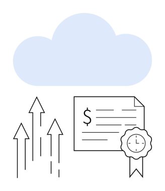 Açık mavi bulut, yukarı doğru üç ok, içinde bir dolar işareti olan bir mali belge ve saatli bir mühür. Teknoloji gelişimi, finansal büyüme, zaman yönetimi, bulut hizmetleri için ideal