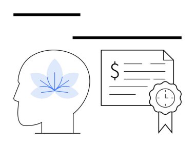 Parasal sembolü ve saat rozeti olan sertifika belgesinin yanında farkındalığı sembolize eden bir çiçek taşıyan insan kafası. Eğitim için ideal, başarı, finans, farkındalık, kişisel