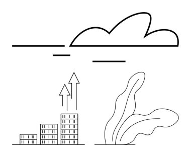 Yukarı doğru okları, bulut çizgileri ve yaprak tasarımlı soyut bar grafiği. Ticari büyüme, başarı, analitik, sürdürülebilirlik, yenilik, ilerleme soyut çizgi düz metaforu için ideal