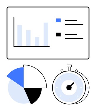 İki kategorili bar tablosu, segmentli pasta tablosu ve kronometre zamanlayıcısı. Analiz için ideal, raporlama, proje izleme, zaman verimliliği, performans ölçümü, hedef belirleme soyut çizgisi