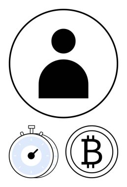 Çemberde bir kişi simgesi, zaman göstergeli kronometre ve Bitcoin sembolü. Kripto para birimi, finans, zaman yönetimi, üretkenlik, engelleme zinciri, dijital işlemler ve soyut düz çizgi için ideal