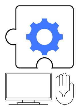 Problem çözme ve teknoloji entegrasyonunu gösteren bir yapboz parçasındaki vites simgesi. IT çözümleri, takım çalışması, proje yönetimi, yazılım geliştirme, işbirliği, yenilik, teknoloji için ideal