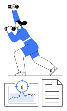 Kadın dambılları hareket pozisyonunda kaldırıyor. Aşağıda bir hedef ve belgeye sahip bir grafik var. İz sürme ve fitness hedeflerini temsil ediyor. Sağlık, zindelik, sağlık, hedef belirleme için ideal