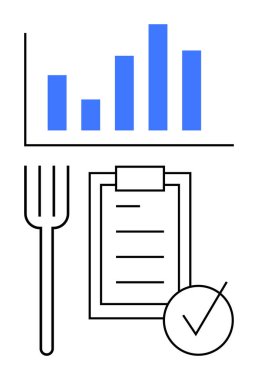 Çubuk çizelgesi, çatal, işaretleme listesi ve kene simgesi ile veri odaklı karar verme mekanizması ve yemek servisini birleştirin. Restoran yönetimi, yemek takibi, diyet planlaması, analitik, gıda endüstrisi, hedef belirleme için ideal