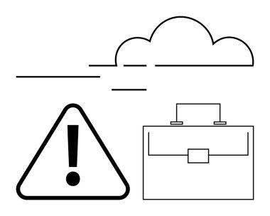 Uyarı üçgenindeki ünlem, soyut bulut ve evrak çantası iş, risk yönetimi ve çevrimiçi veri güvenliğini temsil ediyor. İş uyarıları, bulut hesaplama ve risk için ideal